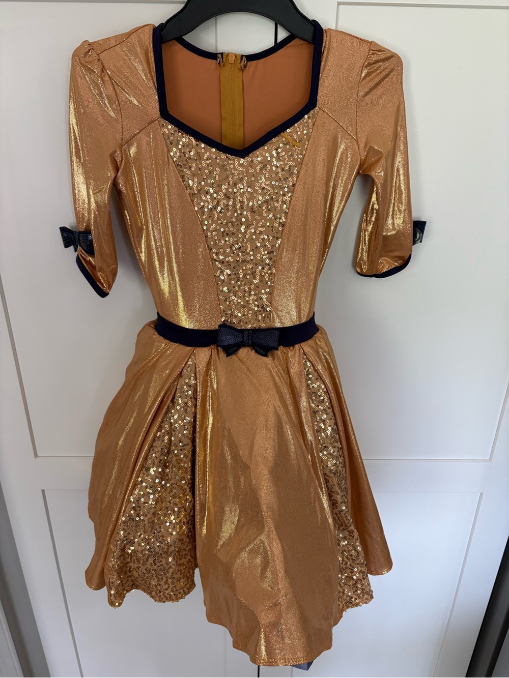 Revolution Gold Sequin dance costume with Navy Trim
